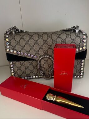 Gucci Beige and Black Monogram Crystal Dionysus Small Shoulder Bag